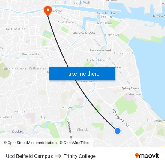 Ucd Belfield Campus to Trinity College map
