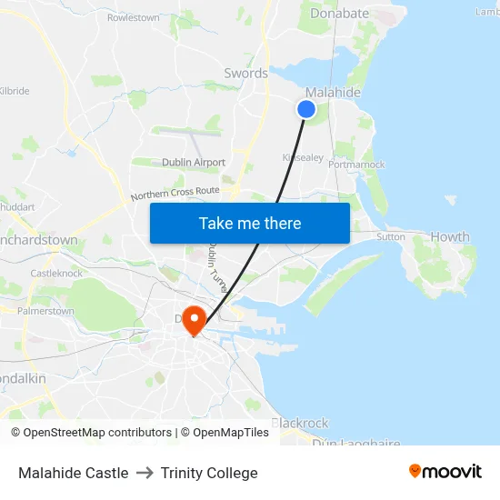 Malahide Castle to Trinity College map