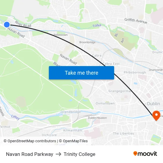 Navan Road Parkway to Trinity College map