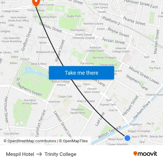 Mespil Hotel to Trinity College map