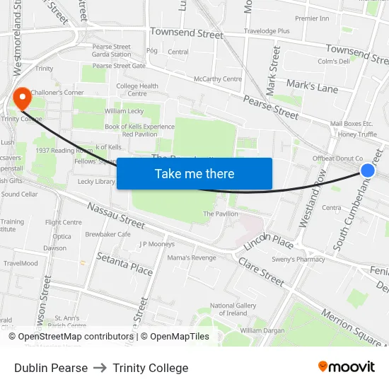 Dublin Pearse to Trinity College map