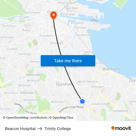 Beacon Hospital to Trinity College map