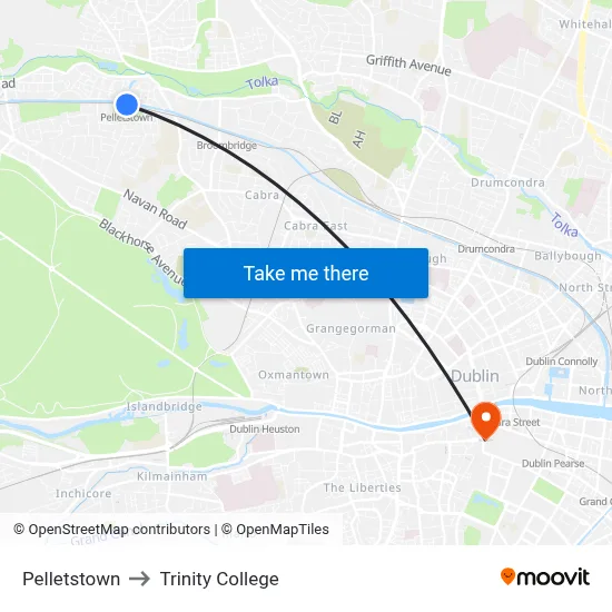 Pelletstown to Trinity College map