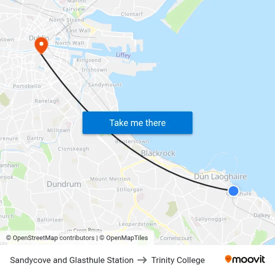 Sandycove and Glasthule Station to Trinity College map