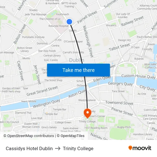 Cassidys Hotel Dublin to Trinity College map