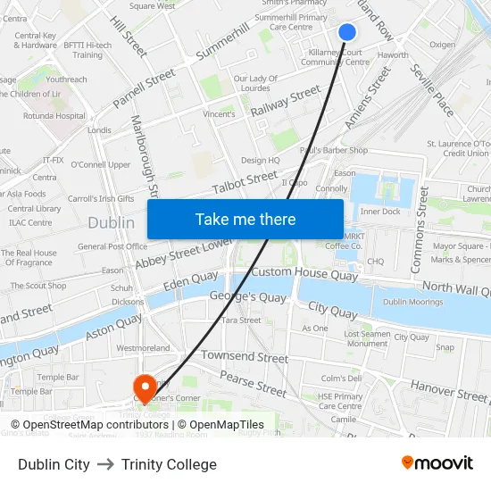 Dublin City to Trinity College map
