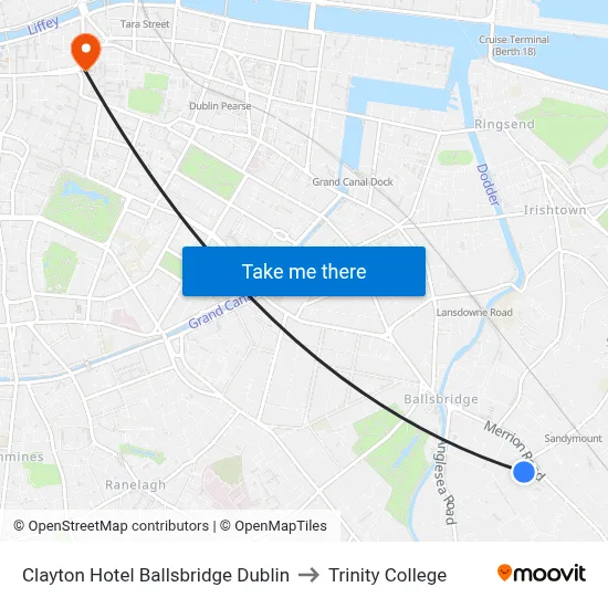 Clayton Hotel Ballsbridge Dublin to Trinity College map
