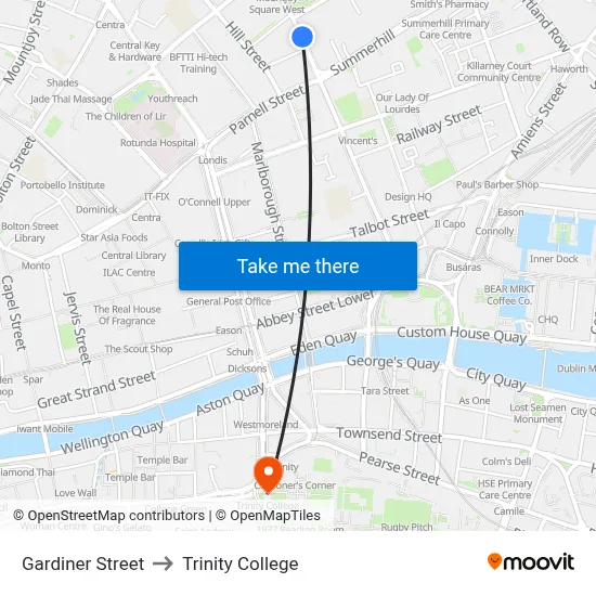 Gardiner Street to Trinity College map
