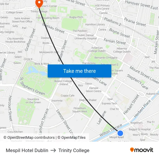 Mespil Hotel Dublin to Trinity College map