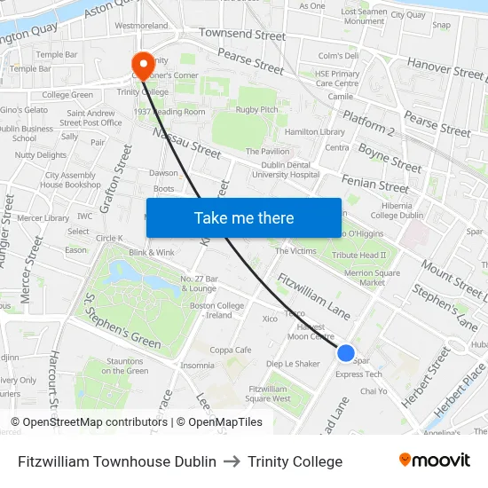 Fitzwilliam Townhouse Dublin to Trinity College map