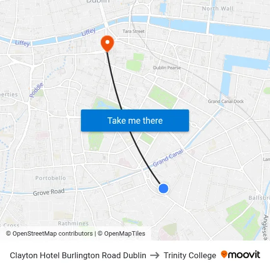 Clayton Hotel Burlington Road Dublin to Trinity College map