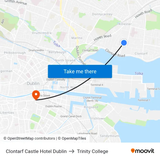 Clontarf Castle Hotel Dublin to Trinity College map
