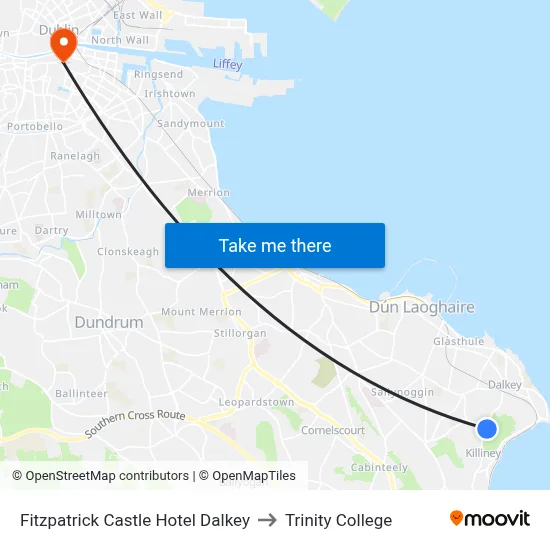 Fitzpatrick Castle Hotel Dalkey to Trinity College map