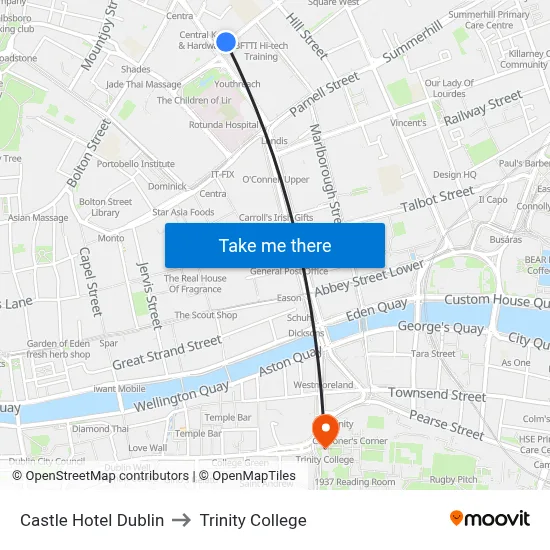 Castle Hotel Dublin to Trinity College map