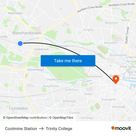 Coolmine Station to Trinity College map