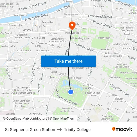 St Stephen s Green Station to Trinity College map