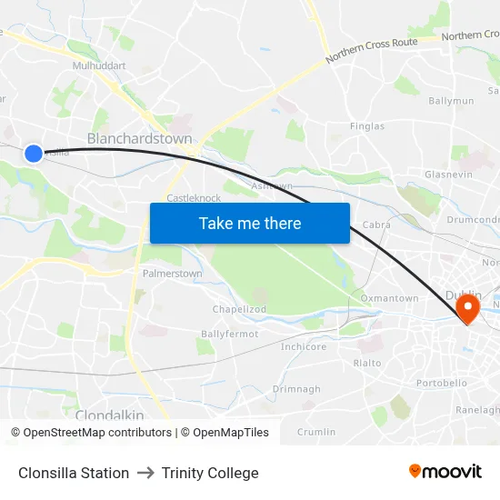 Clonsilla Station to Trinity College map
