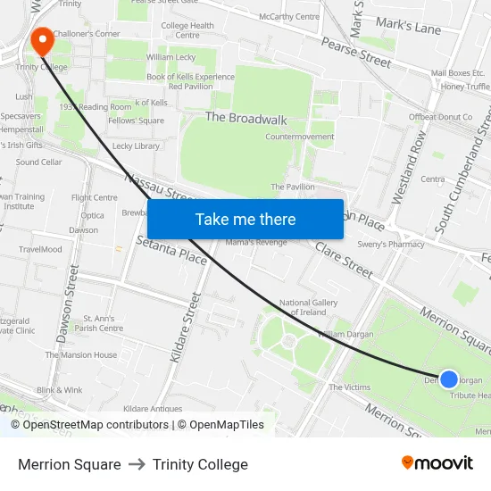 Merrion Square to Trinity College map