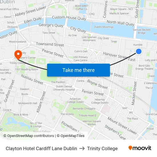 Clayton Hotel Cardiff Lane Dublin to Trinity College map