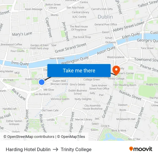 Harding Hotel Dublin to Trinity College map