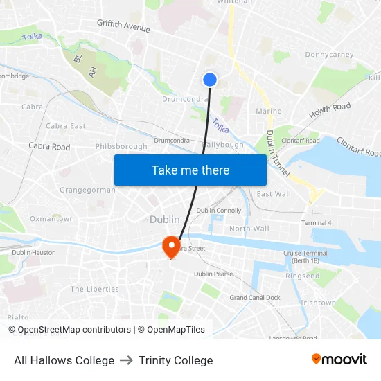 All Hallows College to Trinity College map