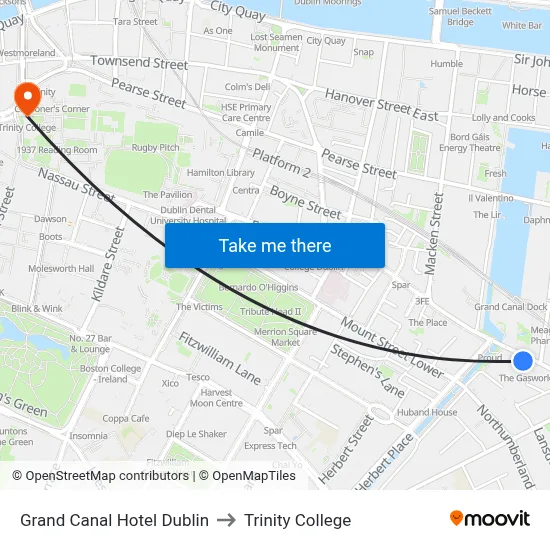 Grand Canal Hotel Dublin to Trinity College map