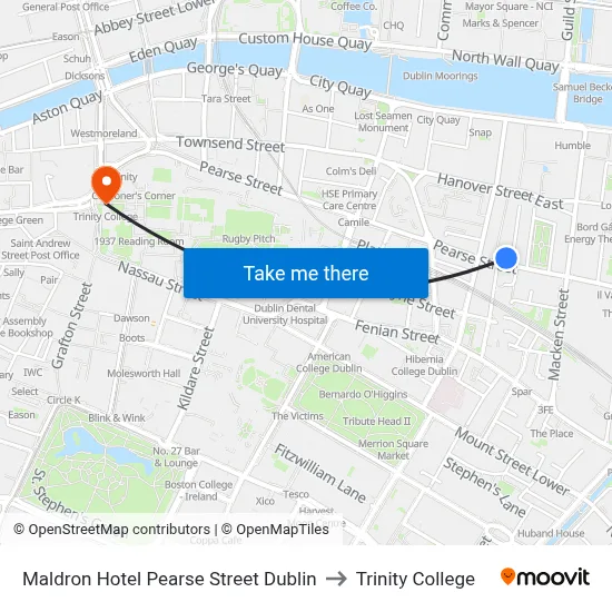 Maldron Hotel Pearse Street Dublin to Trinity College map