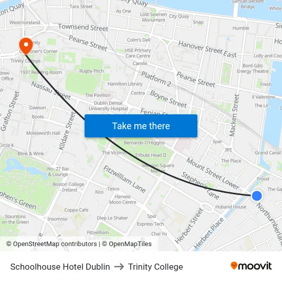 Schoolhouse Hotel Dublin to Trinity College map