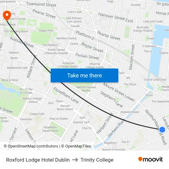 Roxford Lodge Hotel Dublin to Trinity College map