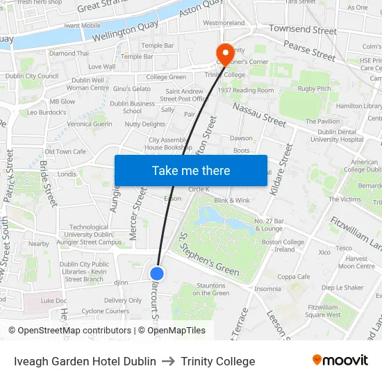 Iveagh Garden Hotel Dublin to Trinity College map