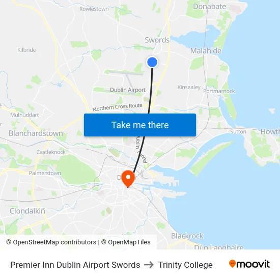Premier Inn Dublin Airport Swords to Trinity College map