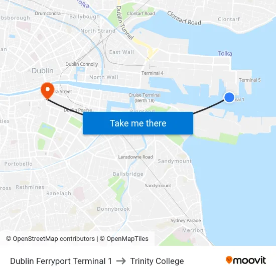 Dublin Ferryport Terminal 1 to Trinity College map
