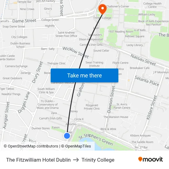 The Fitzwilliam Hotel Dublin to Trinity College map