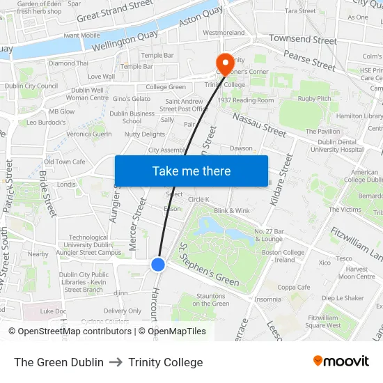 The Green Dublin to Trinity College map