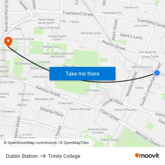 Dublin Station to Trinity College map