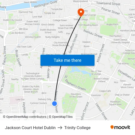 Jackson Court Hotel Dublin to Trinity College map