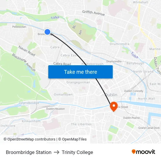 Broombridge Station to Trinity College map