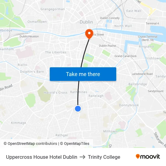 Uppercross House Hotel Dublin to Trinity College map