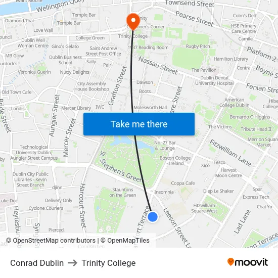 Conrad Dublin to Trinity College map