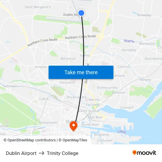Dublin Airport to Trinity College map