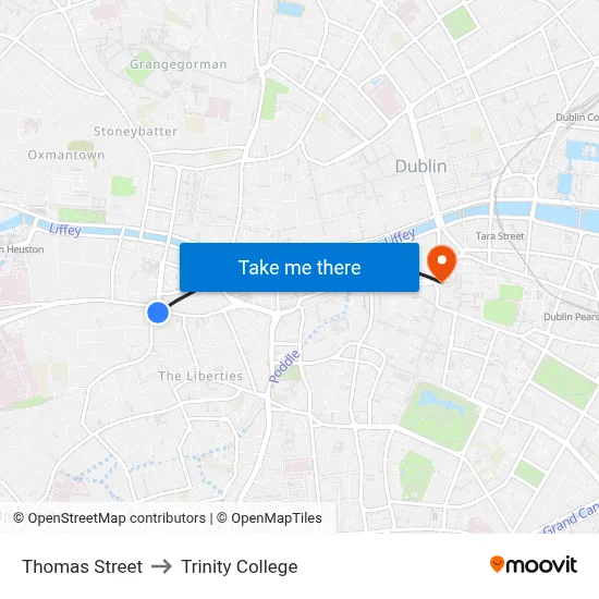 Thomas Street to Trinity College map