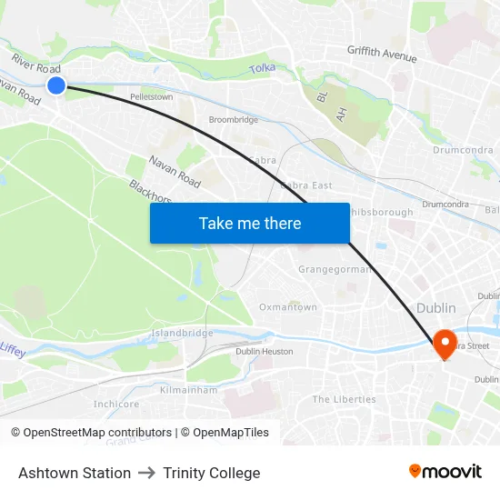Ashtown Station to Trinity College map