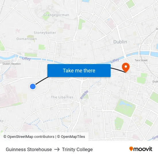Guinness Storehouse to Trinity College map