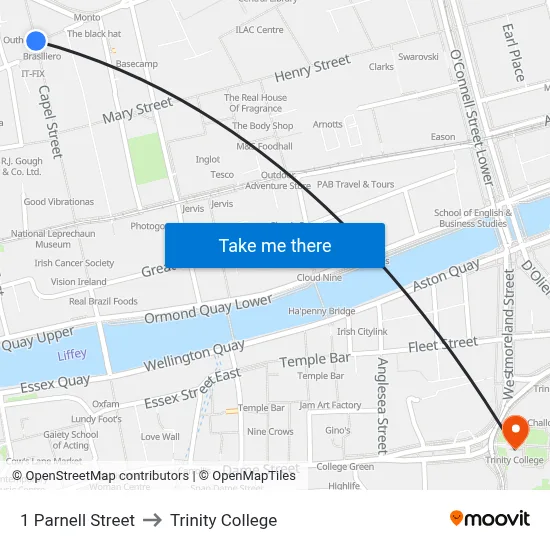 1 Parnell Street to Trinity College map
