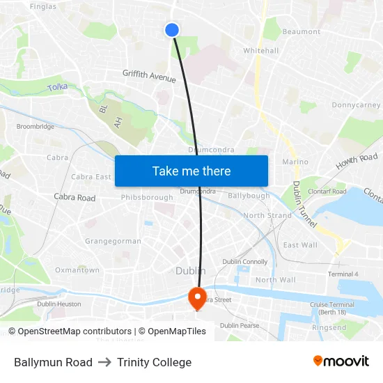 Ballymun Road to Trinity College map
