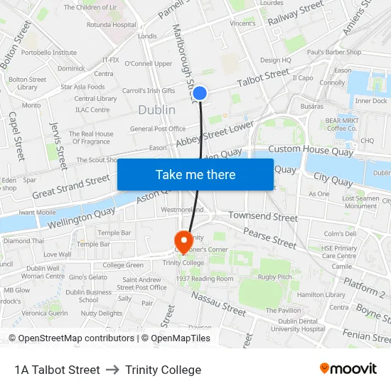 1A Talbot Street to Trinity College map