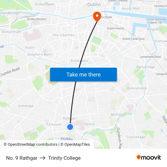 No. 9 Rathgar to Trinity College map