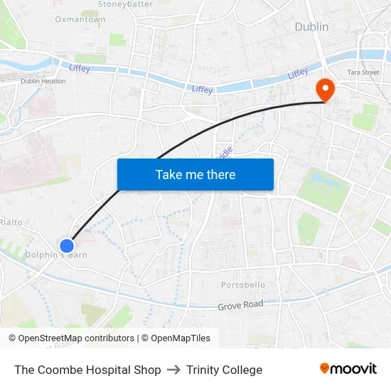 The Coombe Hospital Shop to Trinity College map