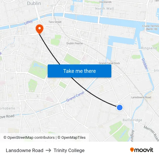 Lansdowne Road to Trinity College map