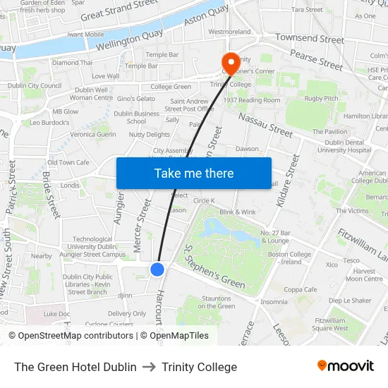The Green Hotel Dublin to Trinity College map
